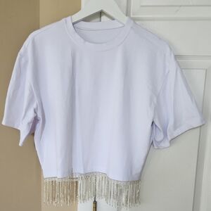 White Fringe Women's Top, With Rhinestone Fringe, L/XL